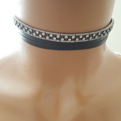 925K Sterling Silver Choker Cz Diamond Black Leather Necklace