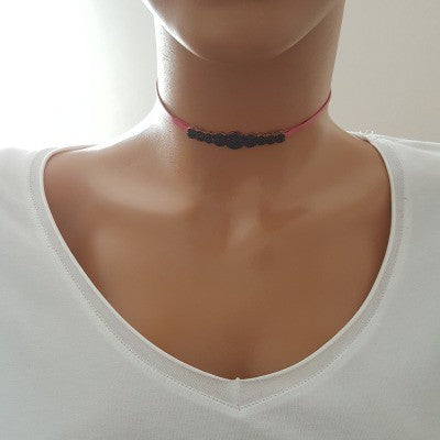 925K Sterling Silver Choker Pink Leather Necklace