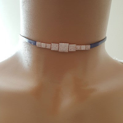 925K Sterling Silver Choker Purple Leather Necklace