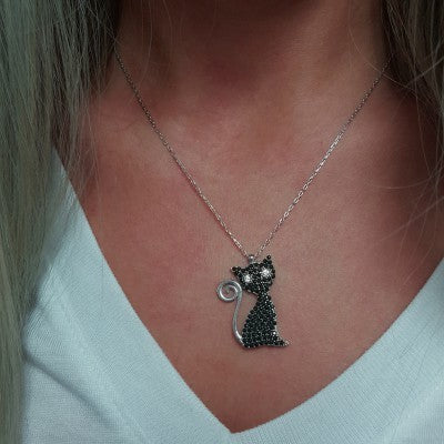 925 Sterling Silver Black Cat Kitty Necklace