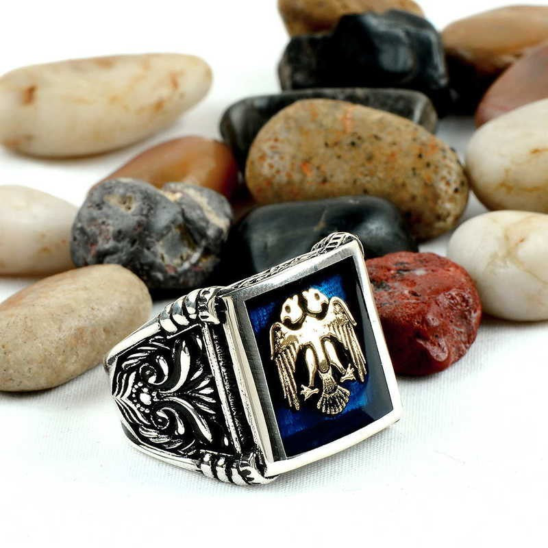 925K Sterling Silver Double Head Eagle Men Ring