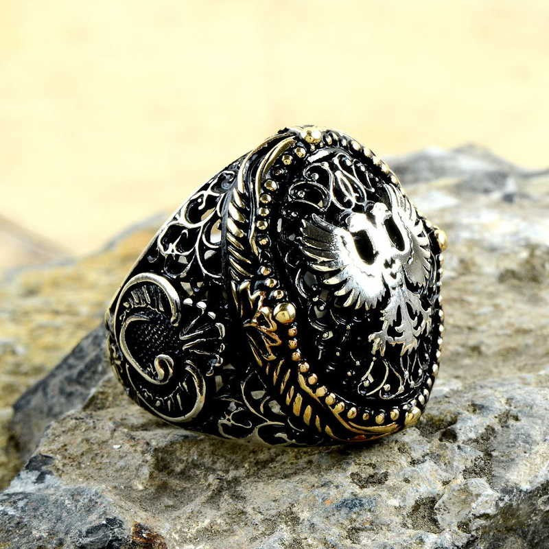 925K Sterling Silver Double Head Eagle Men Ring