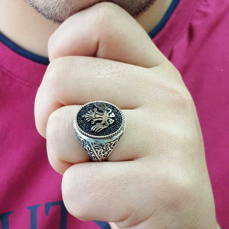 925K Sterling Silver Double Head Eagle Men Ring