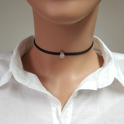 925K Sterling Silver Drop Choker Cz Diamond Black Leather Necklace