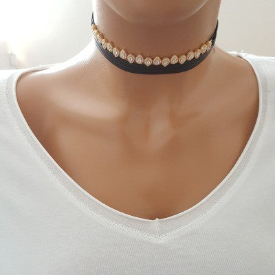 925K Sterling Silver Drop Choker Cz Diamond Black Leather Necklace