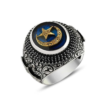 925K Sterling Silver Star And Crescent Men Ring