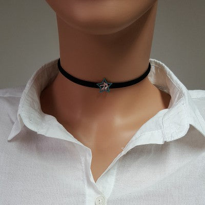 925K Sterling Silver Star Choker Cz Diamond Black Leather Necklace