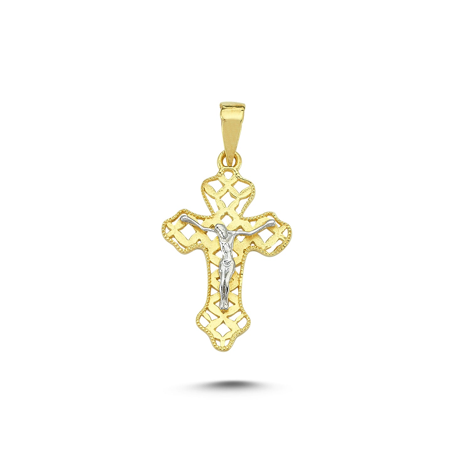 14K Gold Two Tone Filigree Border Rounded Crucifix Cross Pendant