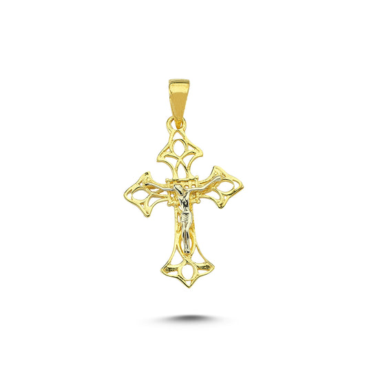 14K Gold Two Tone Filigree Crucifix Cross Pendant