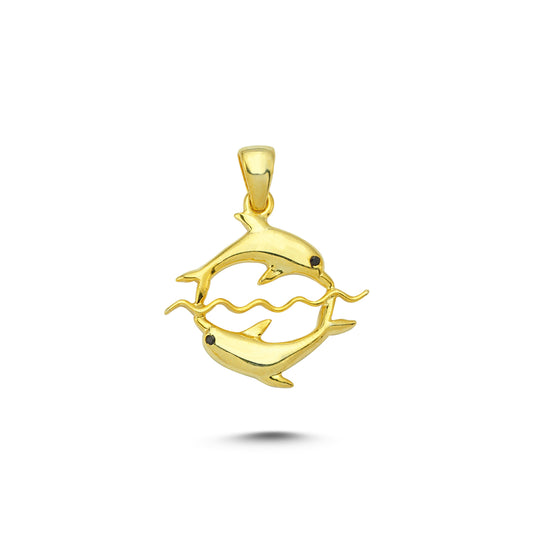 14K Gold Double Dolphin Animal Charm Necklace