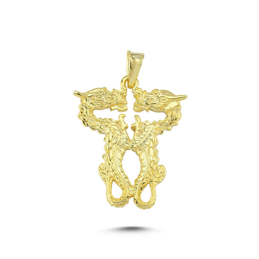 14K Gold Twins Dragon Animal Charm Necklace