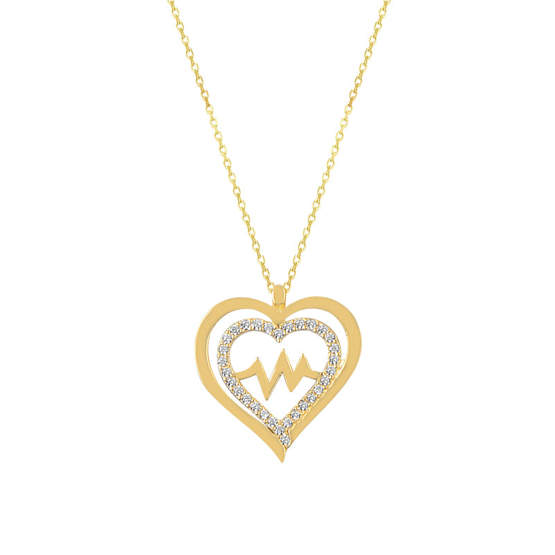 14K Solid Gold Zircon Stone Heart Rhythm Necklace