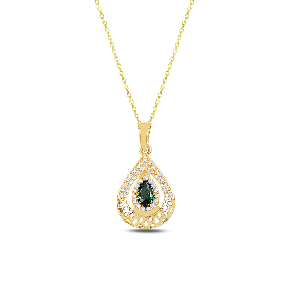 14K Solid Gold Green Zircon Stone Drop Necklace