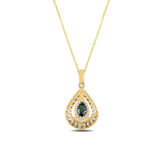 14K Solid Gold Green Zircon Stone Drop Necklace