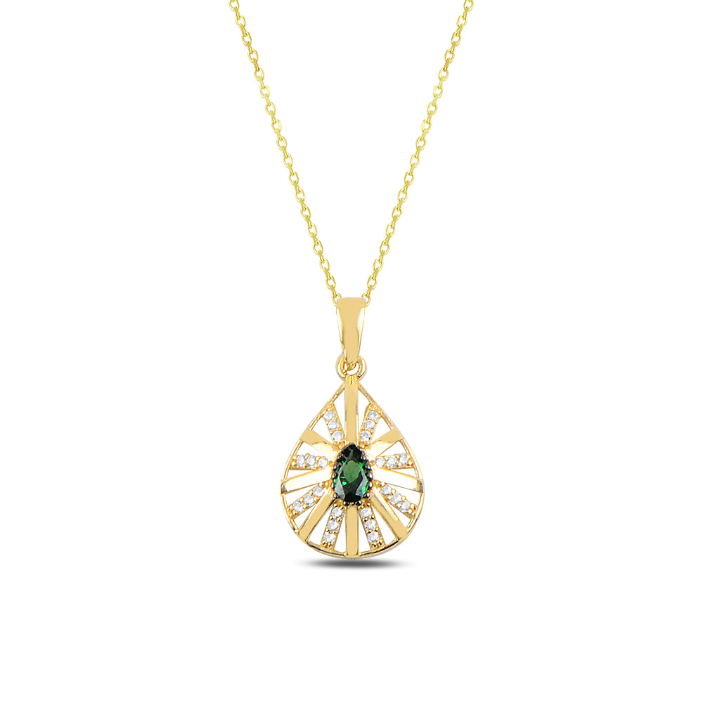 14K Solid Gold Green Zircon Stone Drop Necklace