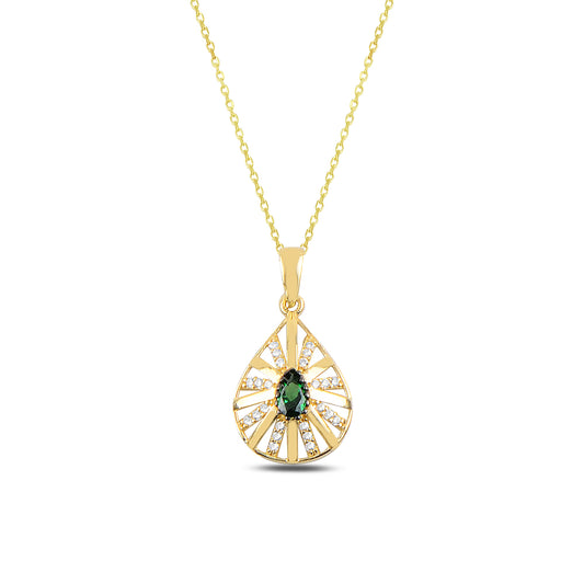 14K Solid Gold Green Zircon Stone Drop Necklace