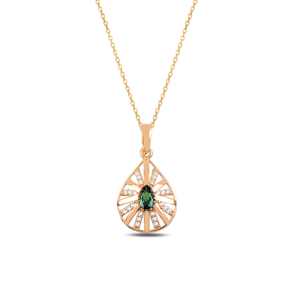 14K Solid Gold Green Zircon Stone Drop Necklace