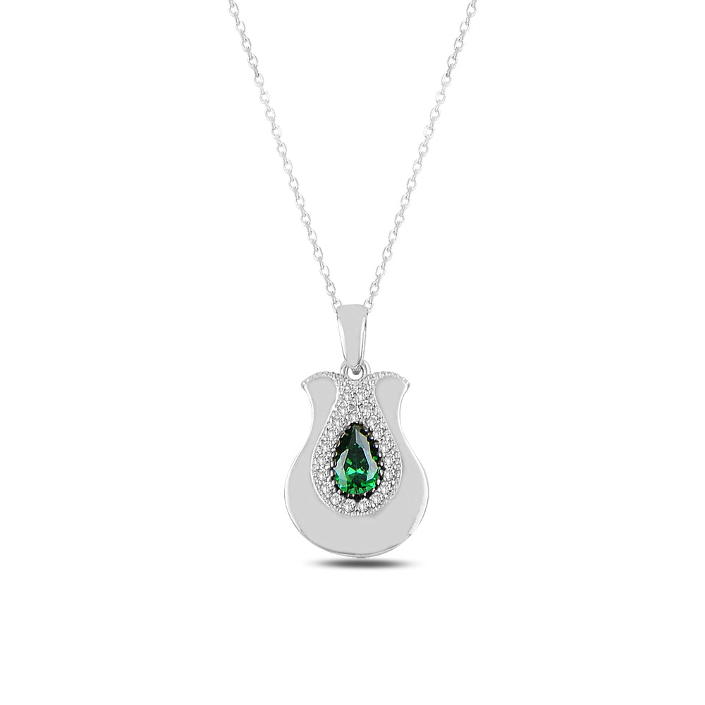 14K Solid Gold Green Zircon Stone Tulip Motif Drop Necklace