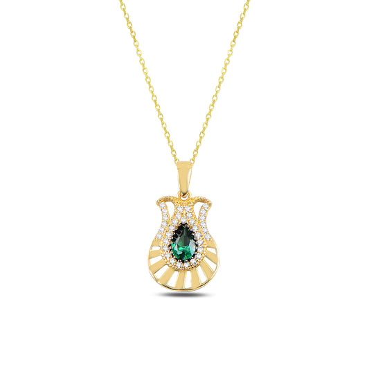 14K Solid Gold Green Zircon Stone Tulip Motif Drop Necklace