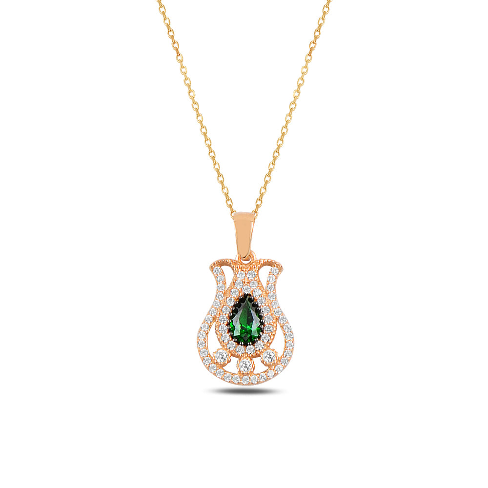 14K Solid Gold Green Zircon Stone Tulip Motif Drop Necklace