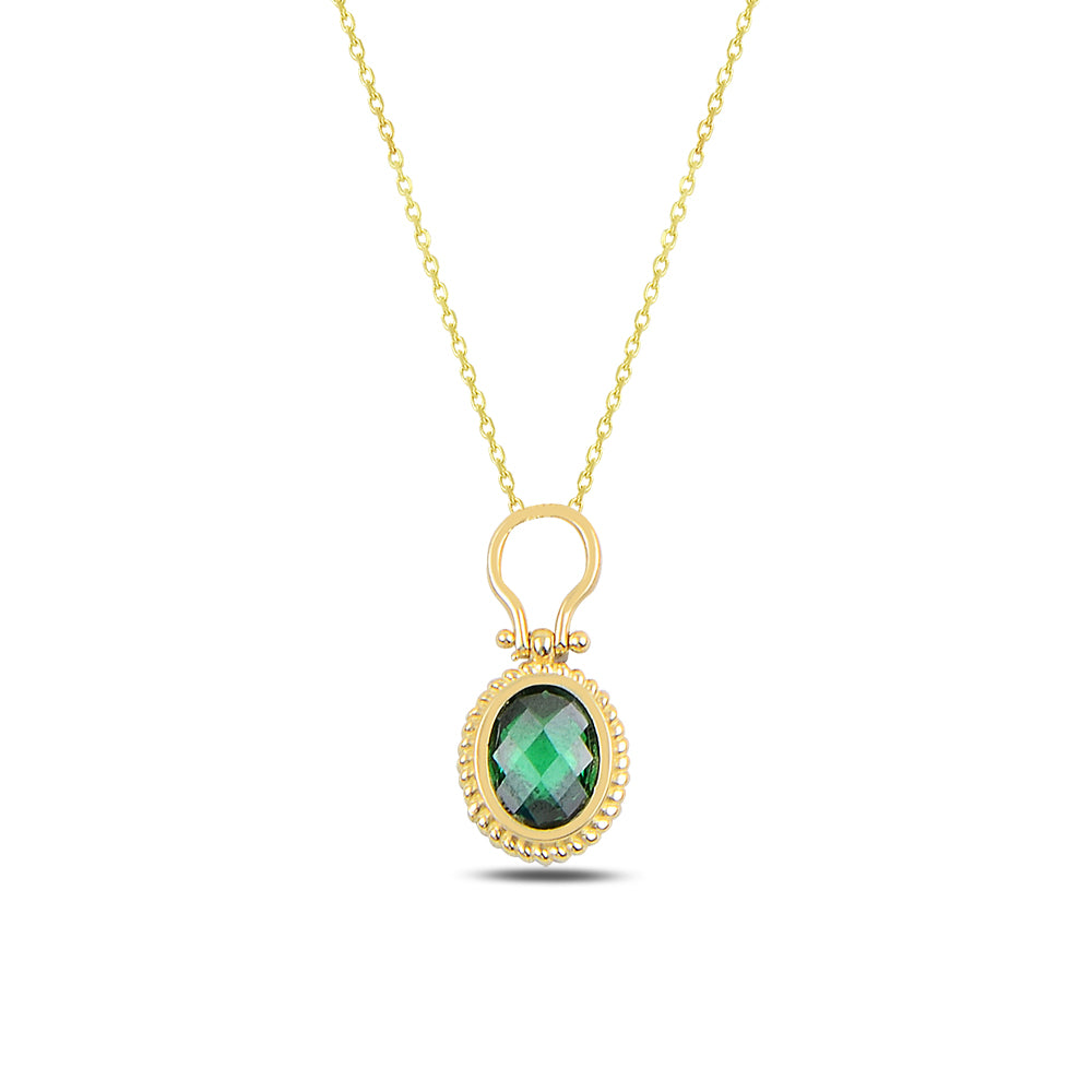 14K Solid Gold Green Zircon Stone Necklace