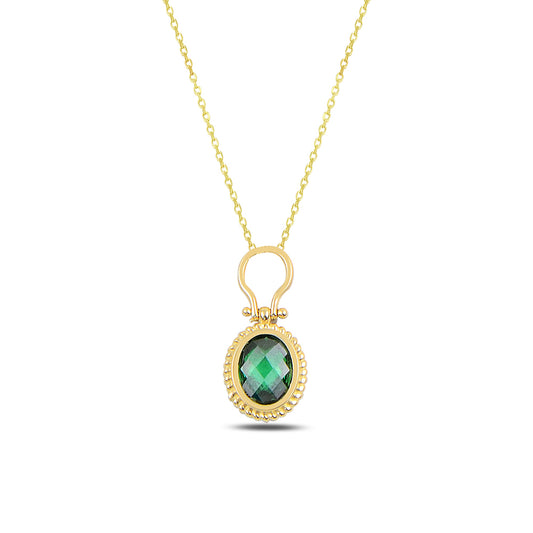 14K Solid Gold Green Zircon Stone Necklace