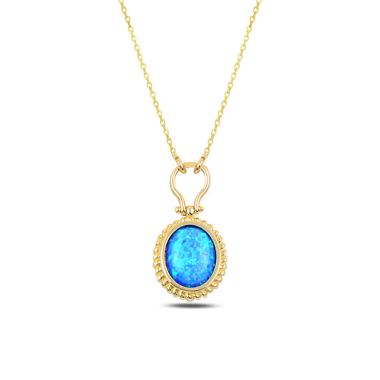 14K Solid Gold Blue Opal Stone Necklace