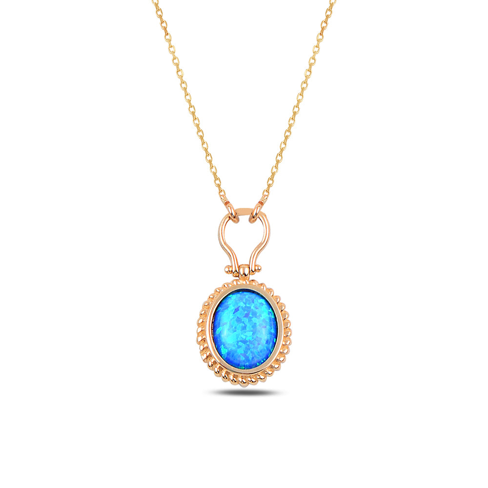 14K Solid Gold Blue Opal Stone Necklace