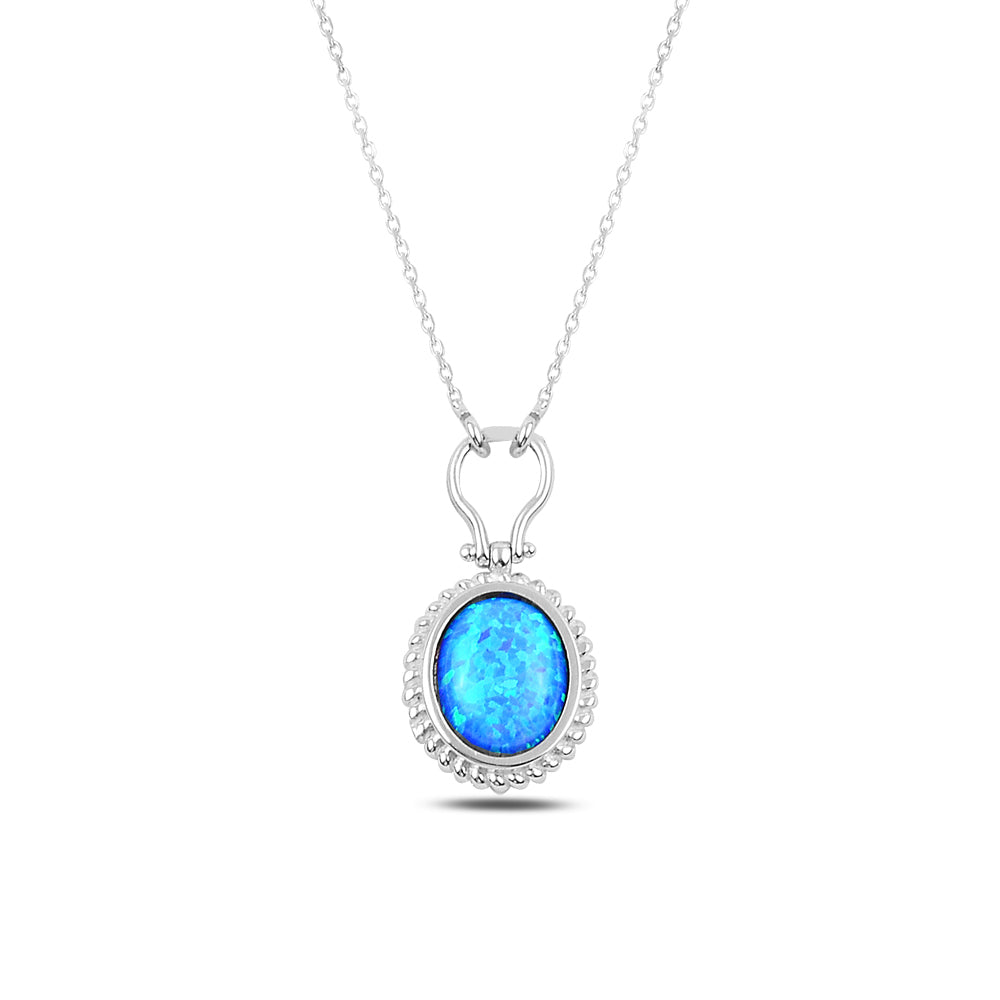 14K Solid Gold Blue Opal Stone Necklace