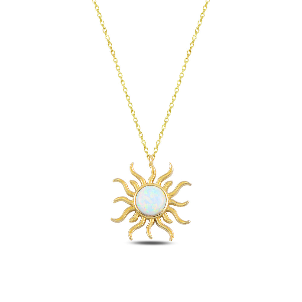 14K Solid Gold Moon Stone Sun Necklace