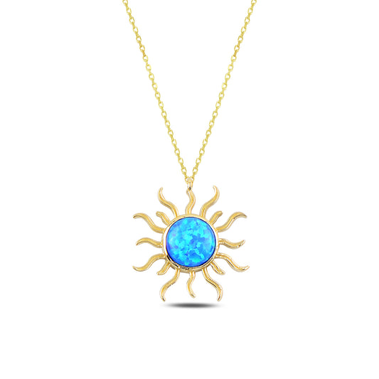 14K Solid Gold Blue Stone Sun Necklace