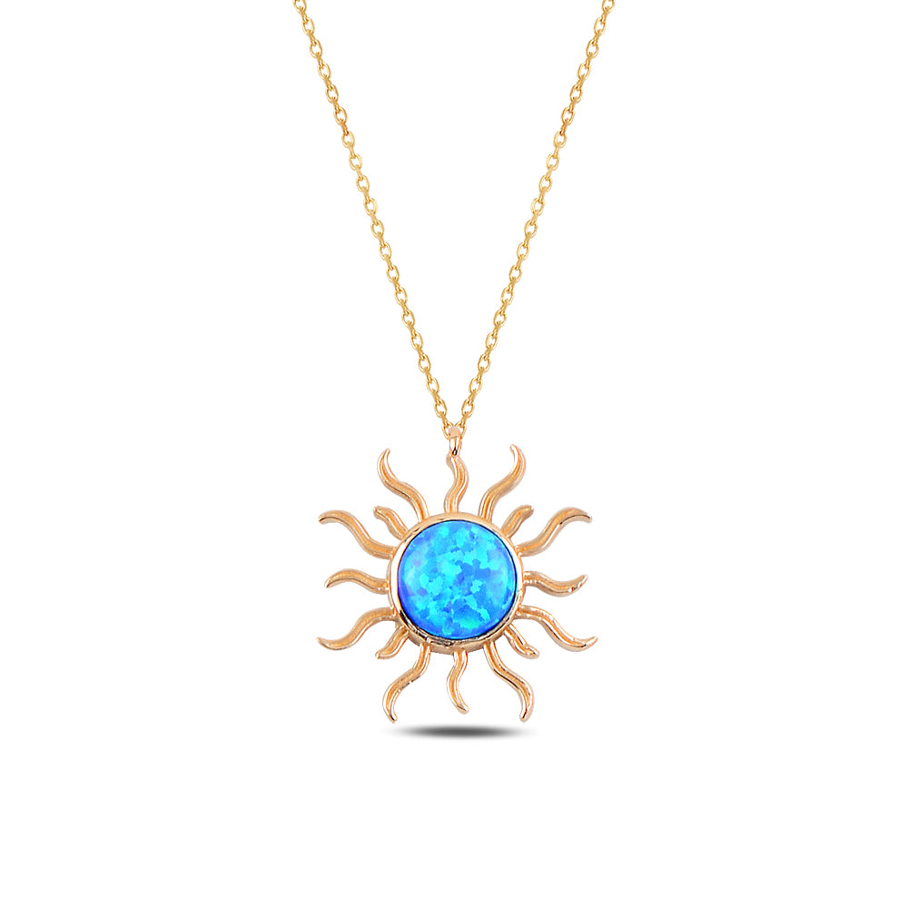 14K Solid Gold Blue Stone Sun Necklace