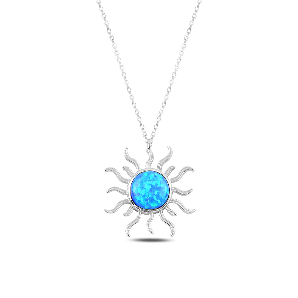 14K Solid Gold Blue Stone Sun Necklace