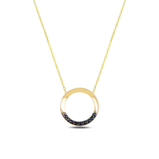 14K Solid Gold Black Stone Circle Necklace