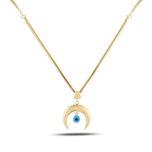 14K Solid Gold Evil Eye Moon Necklace