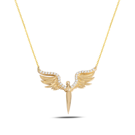 14K Solid Gold Wings Sword Necklace