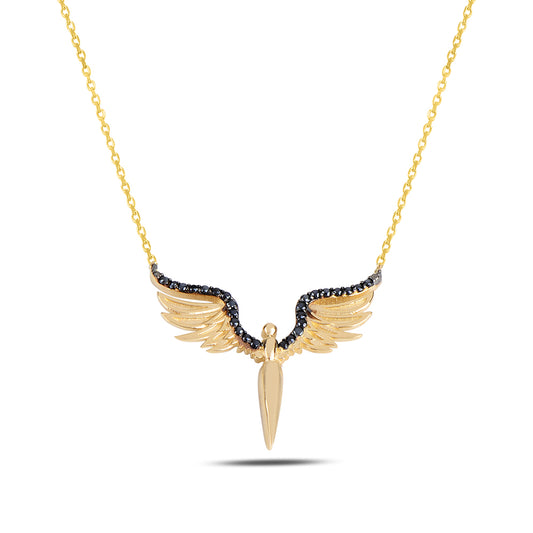 14K Solid Gold Black Stone Wings Sword Necklace