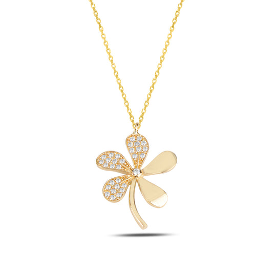 14K Solid Gold Zircon Stone Flower Necklace