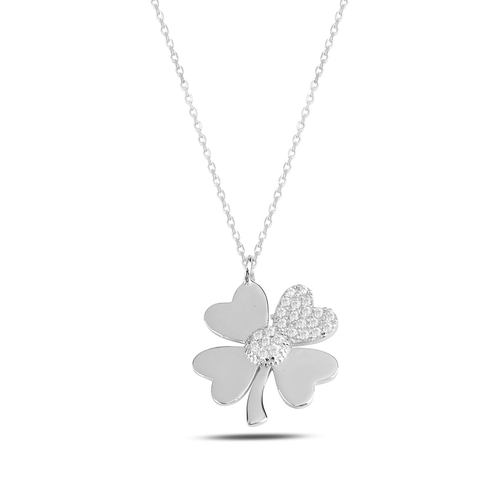 14K Solid Gold Zircon Stone Clover Necklace