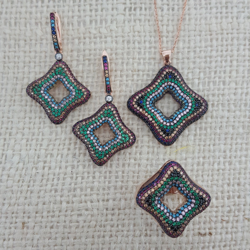 925 Sterling Silver Multicolor Stone Square Jewellery Set