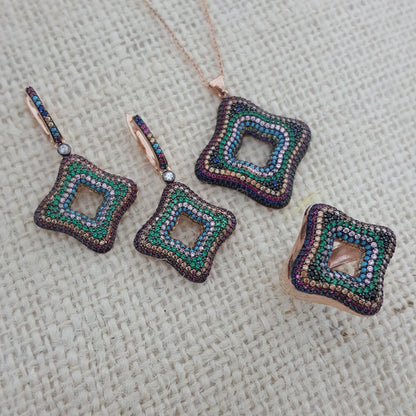 925 Sterling Silver Multicolor Stone Square Jewellery Set