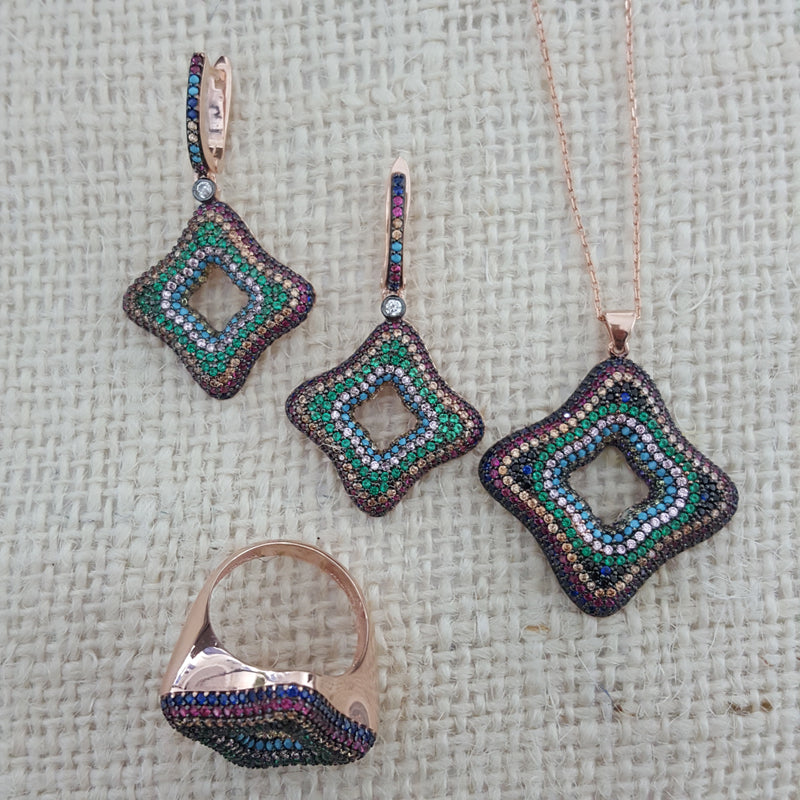 925 Sterling Silver Multicolor Stone Square Jewellery Set