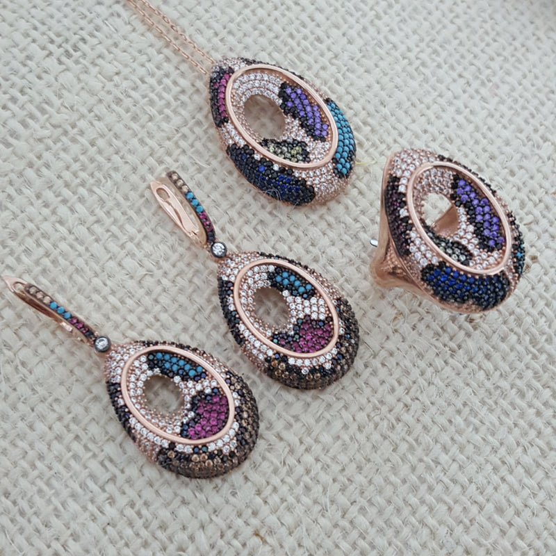 925 Sterling Silver Multicolor Stone Jewellery Set