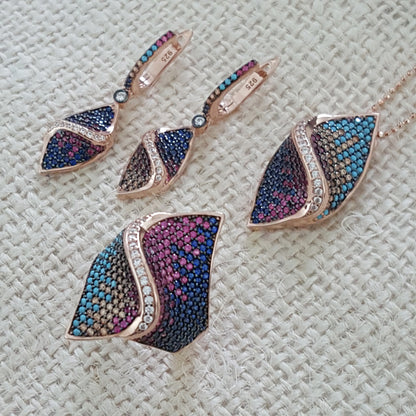 925 Sterling Silver Multicolor Wave Jewellery Set