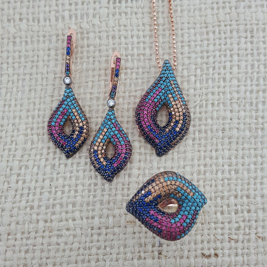 925 Sterling Silver Multicolor Stone Jewellery Set