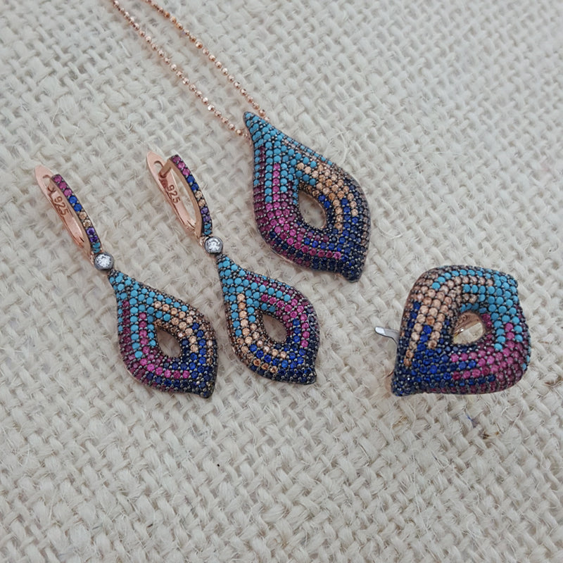 925 Sterling Silver Multicolor Stone Jewellery Set