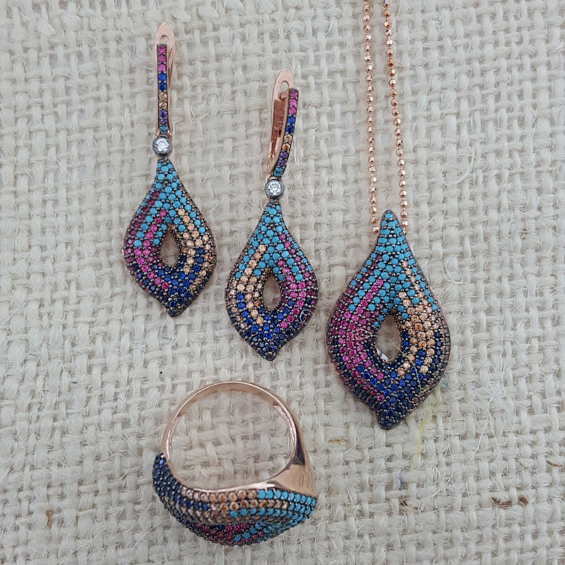 925 Sterling Silver Multicolor Stone Jewellery Set