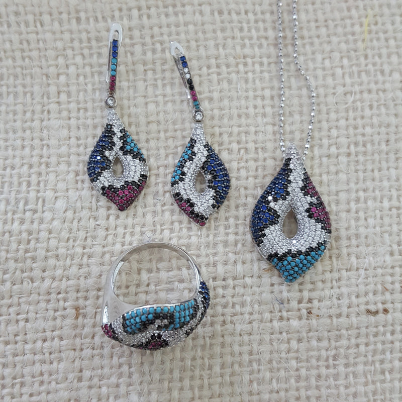 925 Sterling Silver Art Deco Colorful Jewellery Set