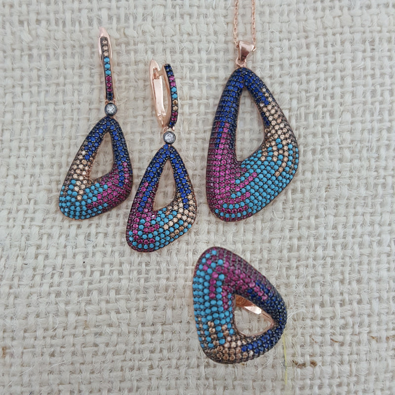 925 Sterling Silver Multicolor Stone Asymmetric Jewellery Set