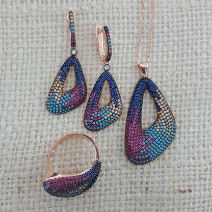 925 Sterling Silver Multicolor Stone Asymmetric Jewellery Set